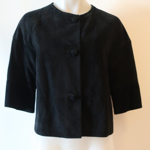 Womens Simonetta Ravizza Black Suede Flutter 3/4 Sleeve Button Jacket 40 US/S-M* - Picture 1 of 9